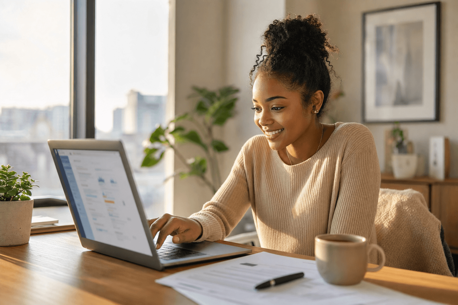 Young professional setting up her job search at her desk with a laptop and resume