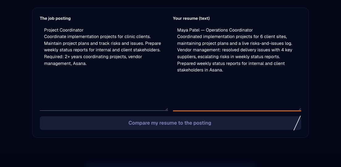 The free Break-In Bad Resume Keyword Match tool comparing a Project Coordinator job posting with a tailored resume, side by side